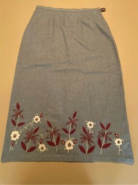 Christopher & Banks Light Blue Midi Skirt with Red Floral Embroidery
